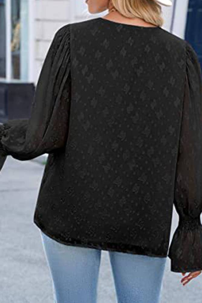 UNISHE - Wholesale Blouse - Women's - V Neck Lace Sheer Flare Sleeves Blouse AXR00515