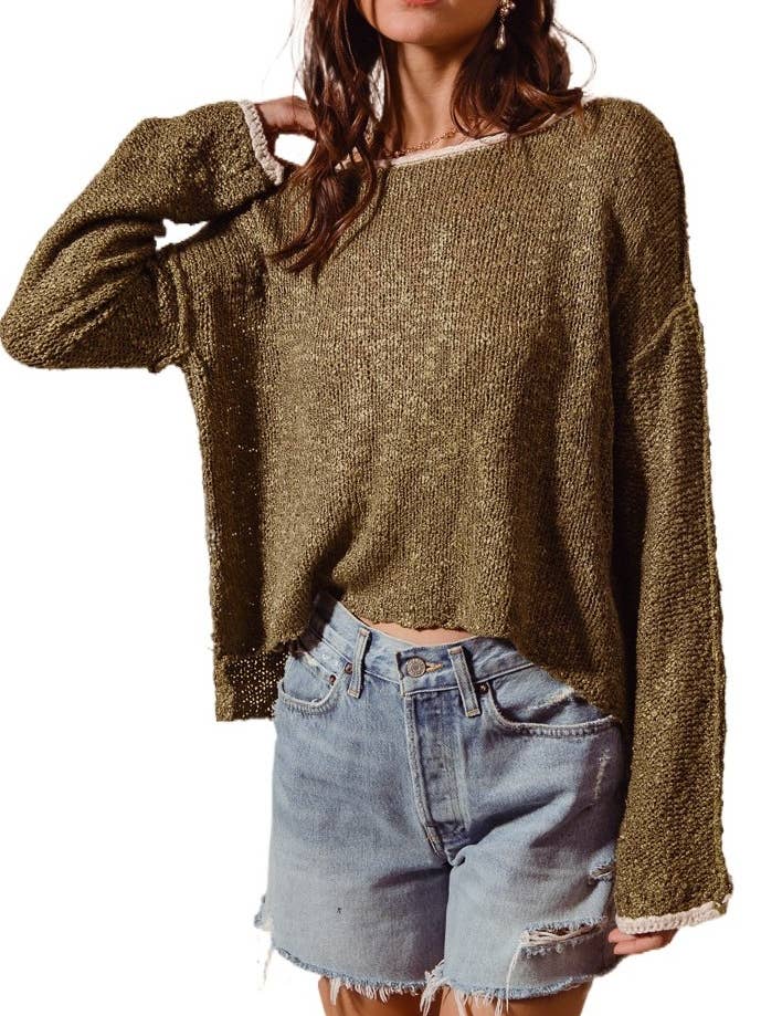 Textured Open Knit Sweater Top With Contrast Edge for wholesale by Vanilla Monkey