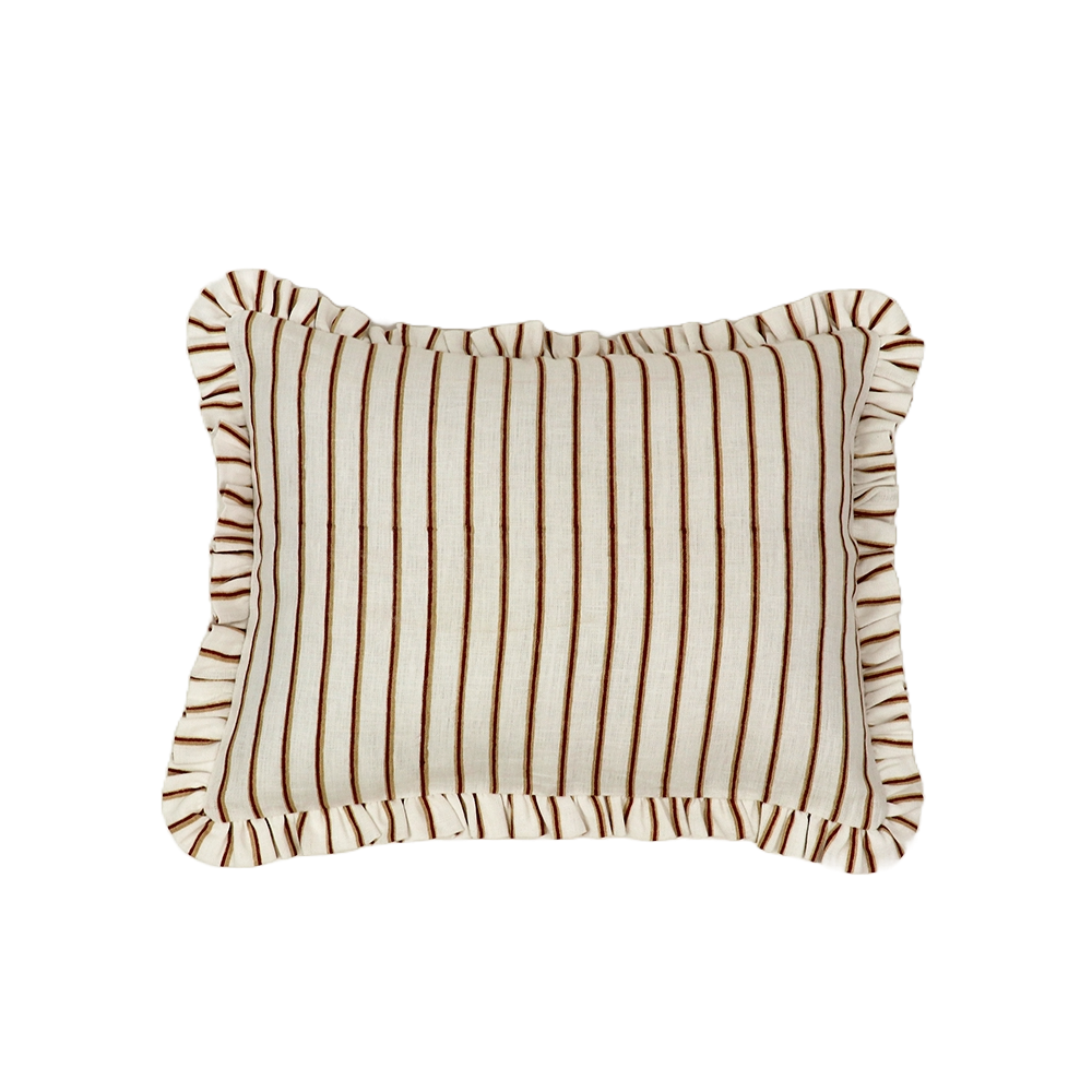 Craft Boat - Wholesale Throw Pillow Cover - BLOCK PRINTED RUFFLED CUSHION COVER - OCHRE SHADOW STRIPE 0