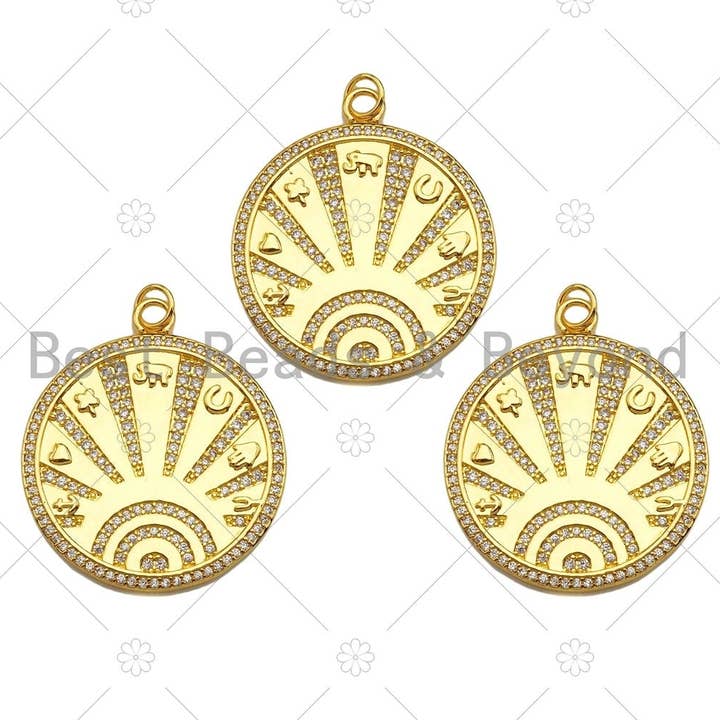 CZ Micro Pave Radiate On Round Coin Pendant/Charm,Cubic Zirconia Star Moon Hand Charm, Necklace Bracelet Charm Pendant,28x32mm, Sku#Y393 for wholesale by BestBeads&Beyond