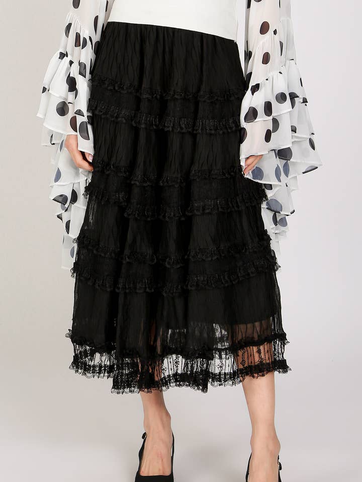 Tiered Embroidered Mesh Sheer Maxi Skirt PC5342 for wholesale by Beulah Style