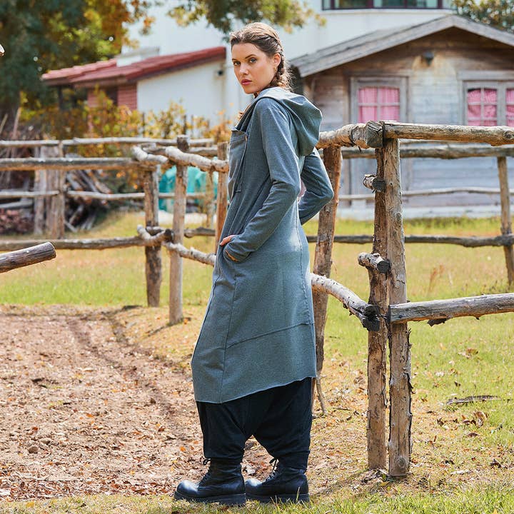 Los Banditos - Vente Cardigan – femme - Cardigan bohème gris à capuche avec détail de boutons et trou pour le pouce6