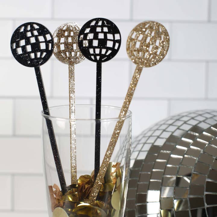 Mod Lounge Paper Company - Wholesale Drink Stirrer - Disco Ball Gold and Black Acrylic Drink Stirrer Swizzle Stix1