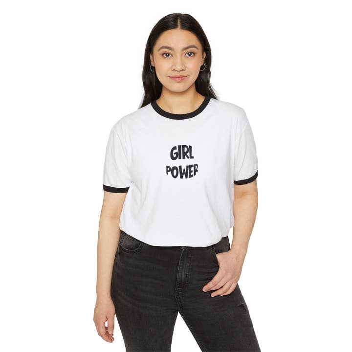 Girl Power Ringer Tee — Retro Feminist Graphic T-Shirt for wholesale by MARA Style