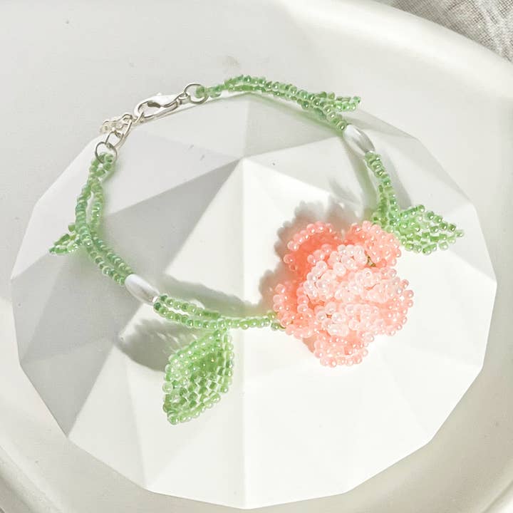Pink Rose Flower Beaded Bracelet for wholesale by Ninaouity