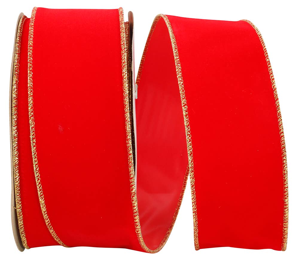RELIANT RIBBON - Wholesale Ribbon - Gift Wrapping - Velvet Commercial Heavy Wired Edge - Hot Red/Gold 2110