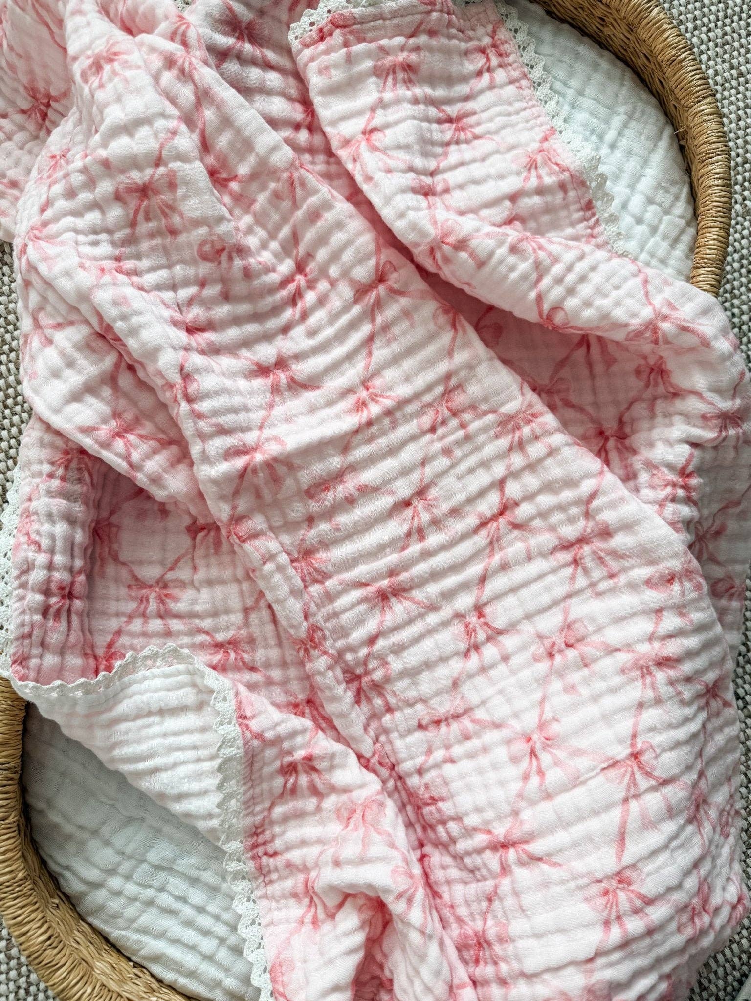 Harp Angel Boutique - Wholesale Bedding Blanket - Kids & Baby - Organic Muslin 6-Layer Blanket - Pink Ribbon Bow1