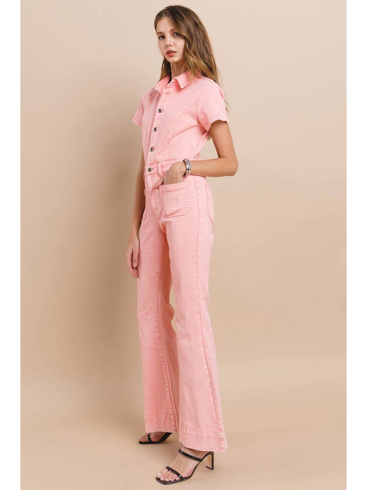 ROSE PETITE ACID WASHED BOOTCUT LEG DENIM JUMPSUIT -4330RIB for wholesale on Faire