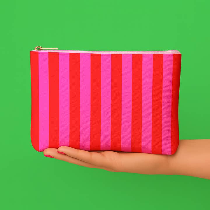 Cute pouch + cosmetic bag | leather pink & red stripe for wholesale by Aspen Lane
