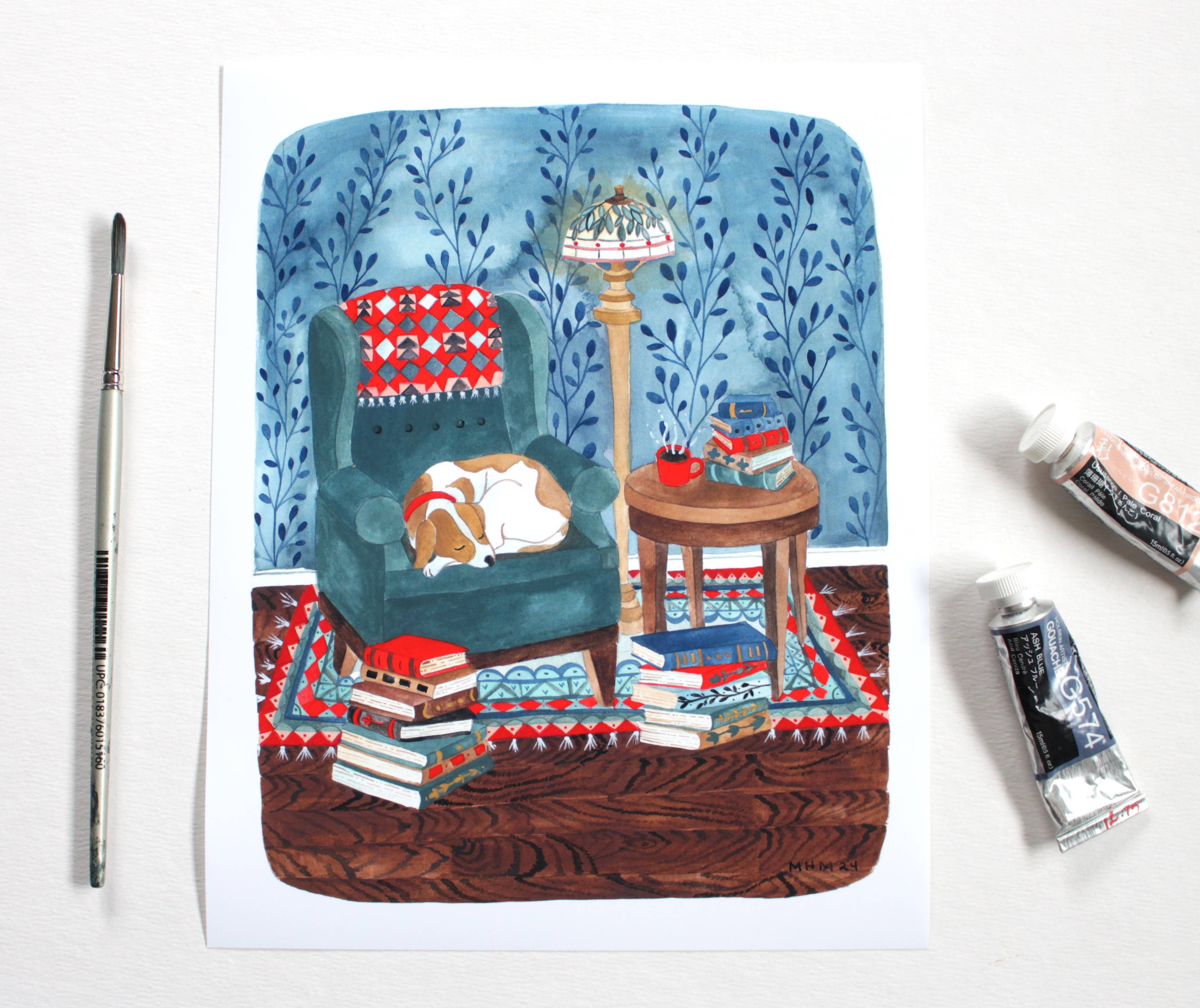 michele maule – Impressão artística por atacado – Impressão 8 x 10" - Cozy Library Dog1