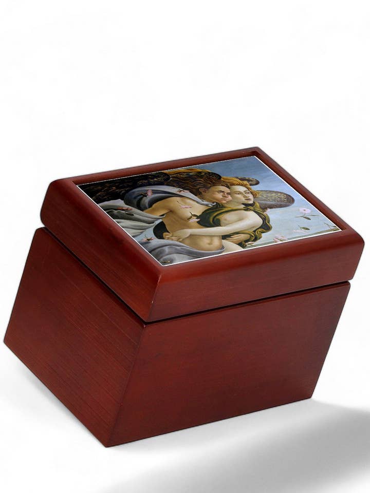 HOLZKISTE: Gefütterte Teebeutel Holzbox mit bedrucktem Fliesendeckel - Opera „Venere Botticelli“ (Detail2) für den Großhandel von SublimArt