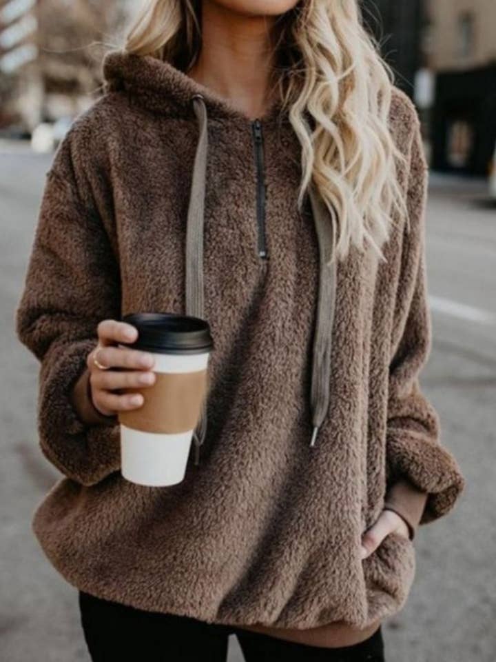 Full Size Quarter-Zip Drawstring Teddy Hoodie for wholesale by Beyond Apparel