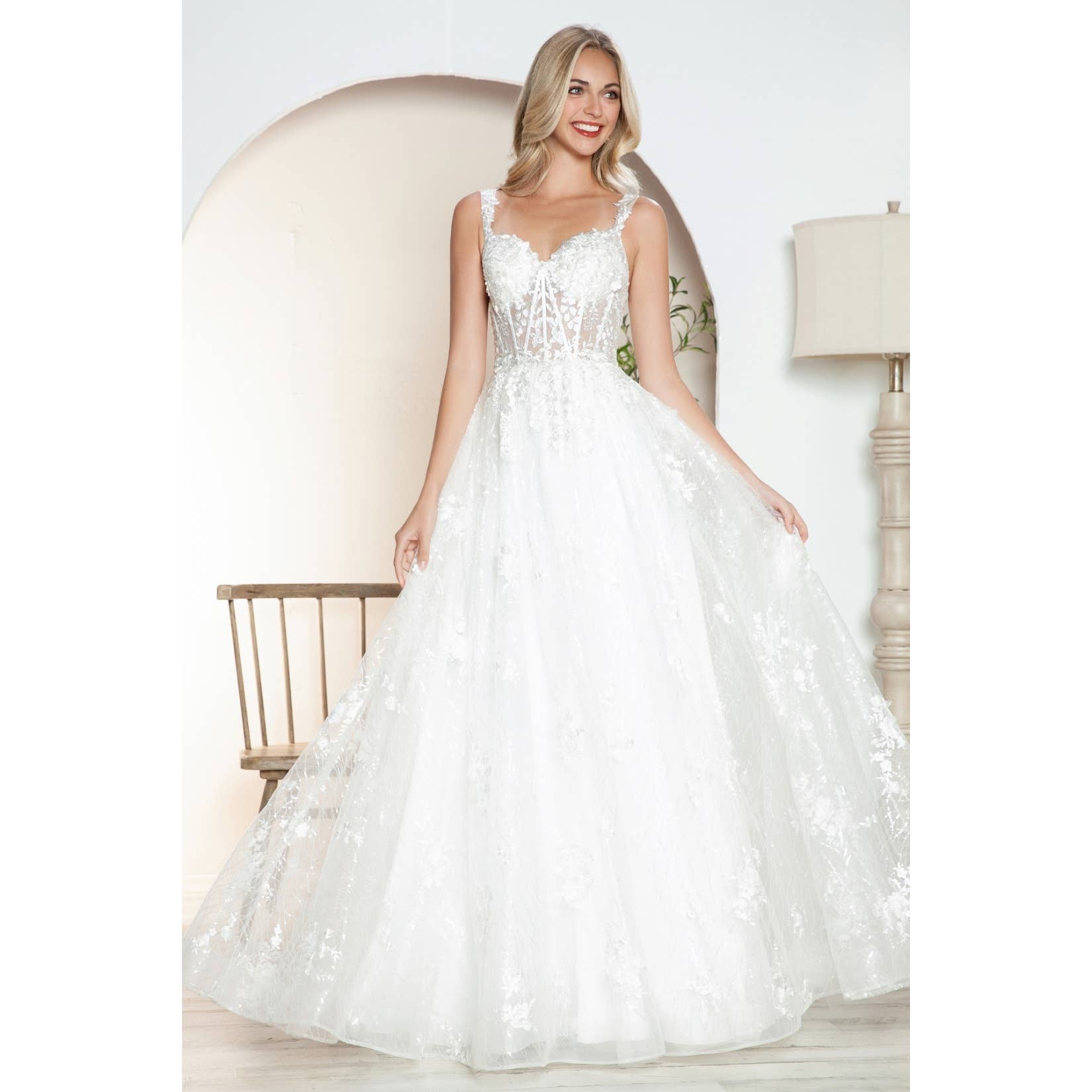 OFF WHITE JT2495AW 3D floral ballgown with sheer corset bodice for wholesale on Faire7
