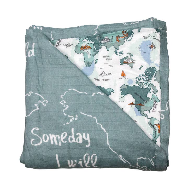 World Map + Someday Oh-So-Soft Muslin Snuggle Blanket for wholesale by Bebe au Lait
