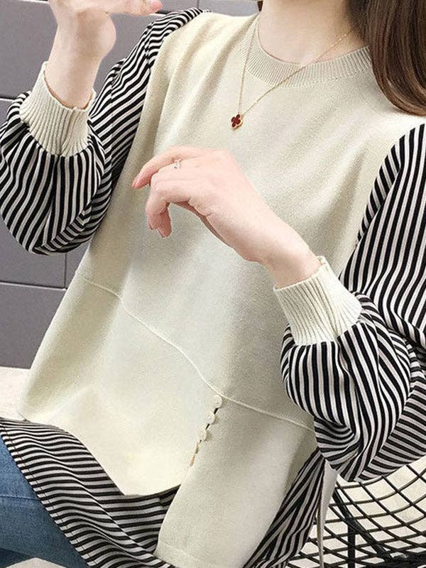 ShieldChic - Wholesale Knit Sweater - Women's - Original Loose Split-Joint 5 Colors Striped Round-Neck Long Sleeves False Two Sweater Top2