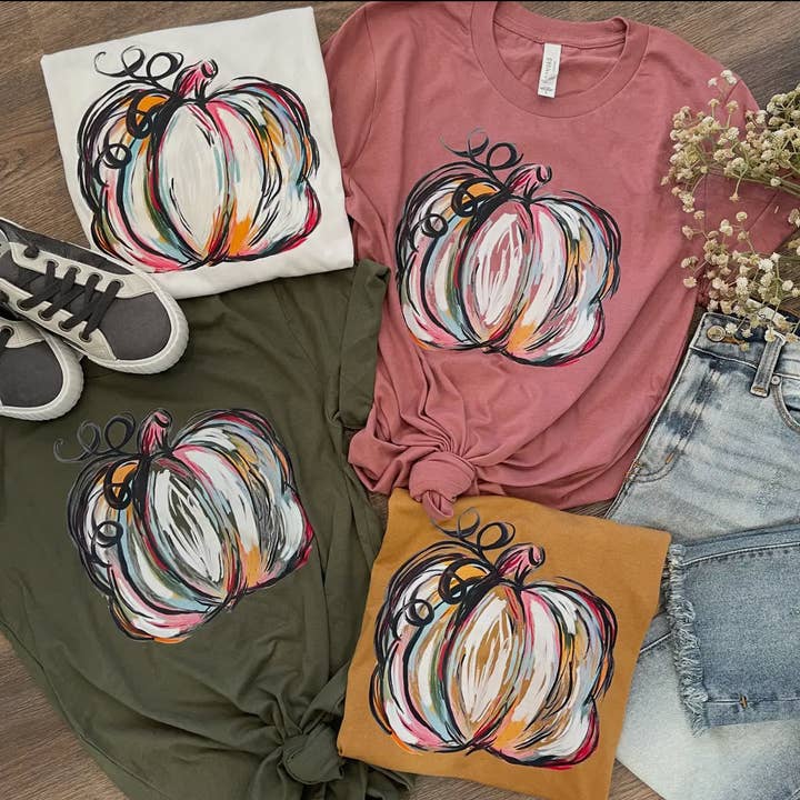 T-shirt Citrouille Aquarelle pour Garde-robe d'Automne pour la vente par FARMASI & Just Believe Boutique Wholesale