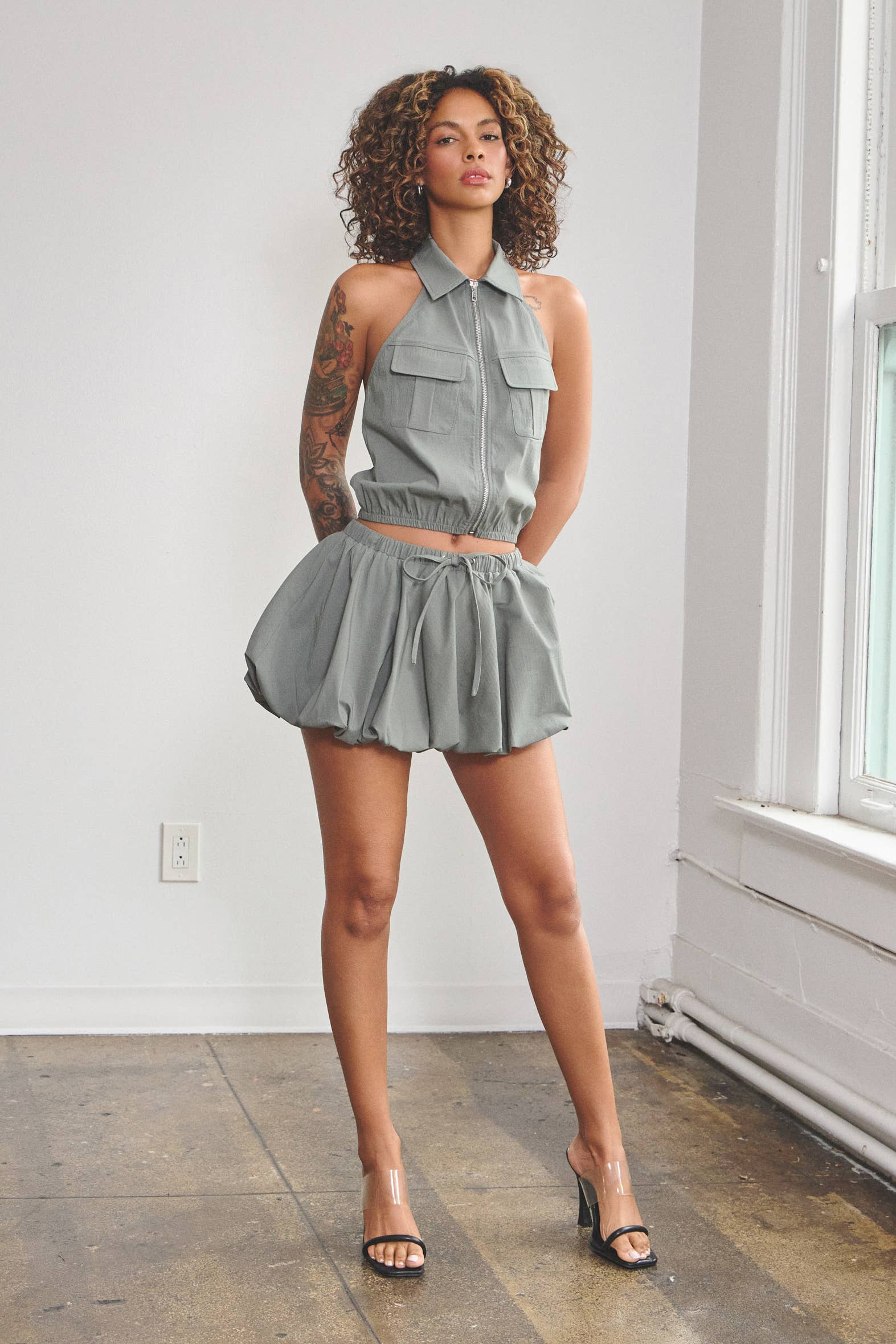 No Vacancy - Wholesale Top & Skirt Set - Women's - Stretchy woven collared top & bubble skort set0