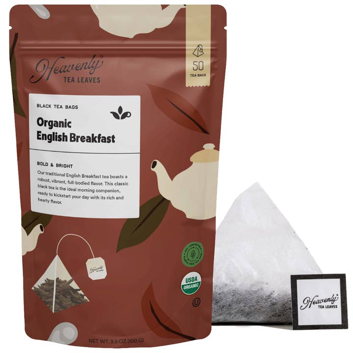Organic English Breakfast, 50 Compostable Pyramid Tea Bags for wholesale by Heavenly Tea Leaves