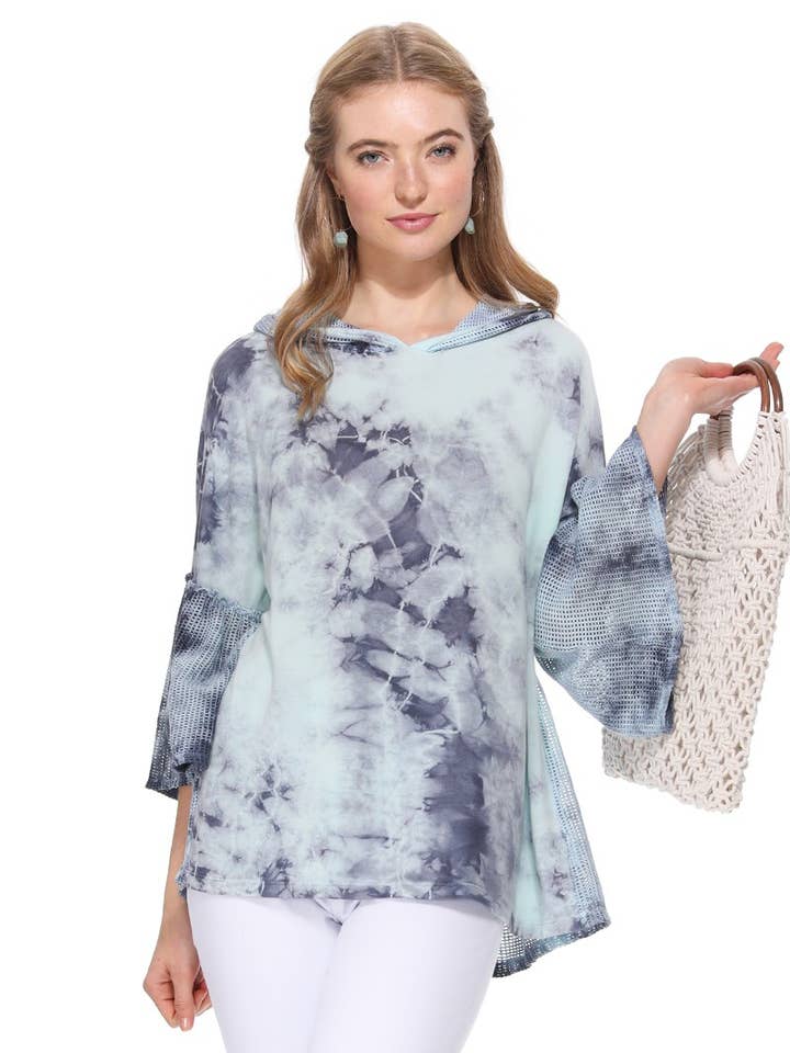 Tie Dye Three Quarter Sleeve Fishnet Hoodie Top for wholesale by T-Party