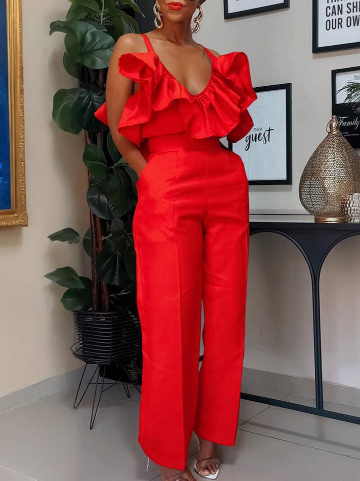 Aria Romance - Wholesale Top & Pant Set (NOT Loungewear) - Women's - Stylish V-Neck Ruffled Halter Top High-Waisted Pantsuit Fun