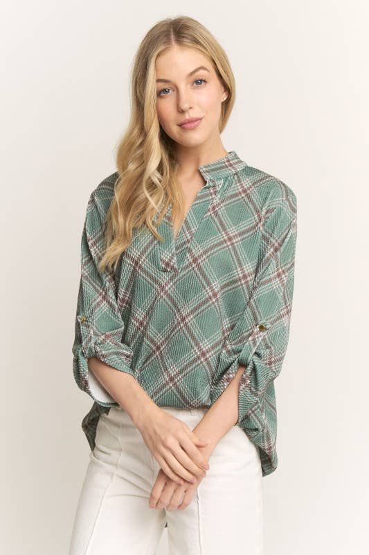 OLIJF ST1002-127 TOP MET KNOOPMOUWEN EN KRAAG IN VEELKLEURIG RUITPATROON voor groothandel op Faire3