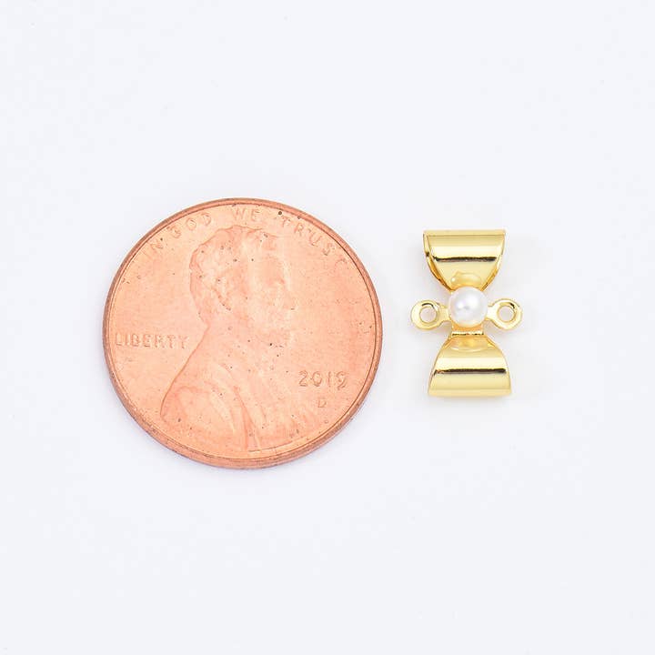 Beads Creation - Wholesale Individual Charm/Pendant - Gold Filled Double Hole Loop Pearl Bow Connector, CN474