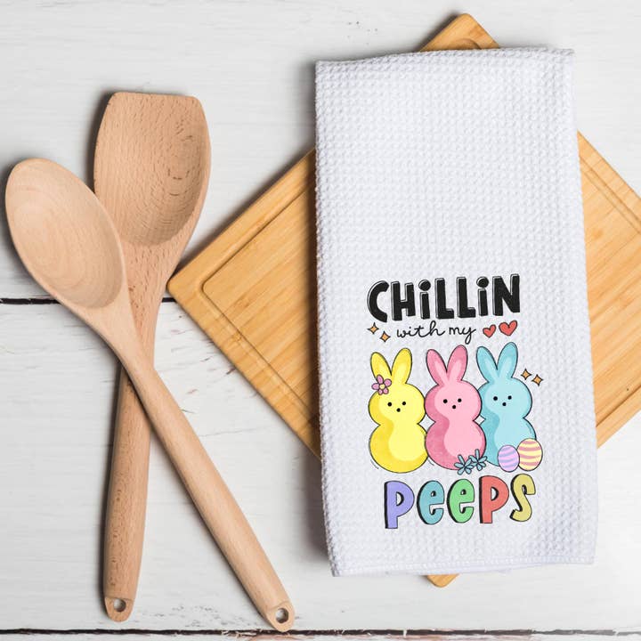 Easter, kitchen towel, Spring 2026, Chillin with my Peeps for wholesale by Colorful Creek Studio