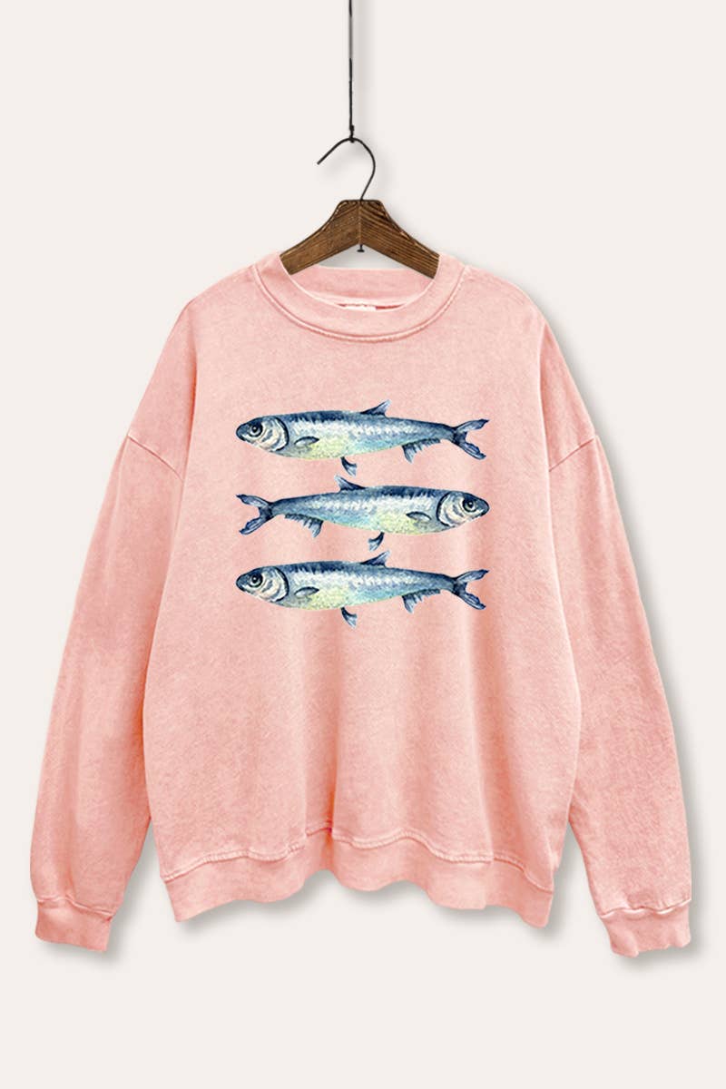 VINTAGE POINT USA – Engroshandel Grafisk Sweatshirt - Dame – TRE SARDINER GRAFISK MINERALVASKET SWEATSHIRT2