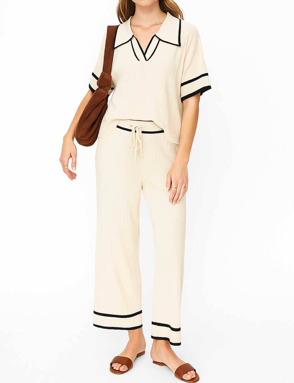 Sweetkama - Wholesale Lounge Set - Women's - Ladies Color Block Polo Collar Knit Top & Pants 2PCS Set0