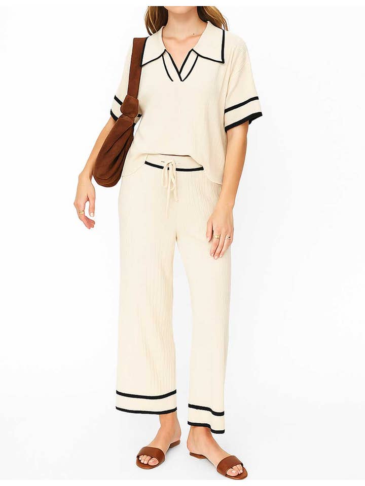 Sweetkama - Wholesale Lounge Set - Women's - Ladies Color Block Polo Collar Knit Top & Pants 2PCS Set