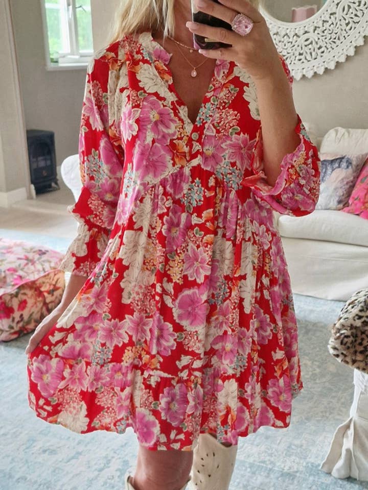 Red Floral Print High Waist V Neck Babydoll Mini Dress for wholesale on Faire