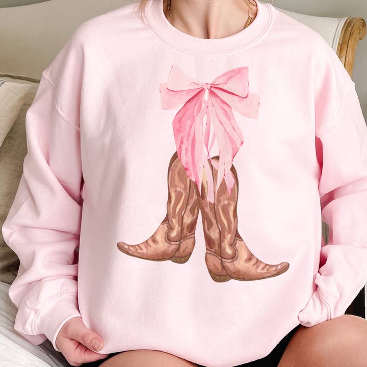 Boots Pink Bow Nashville Texas Country Graphic Sweatshirt for wholesale by Par.tees by Party On!