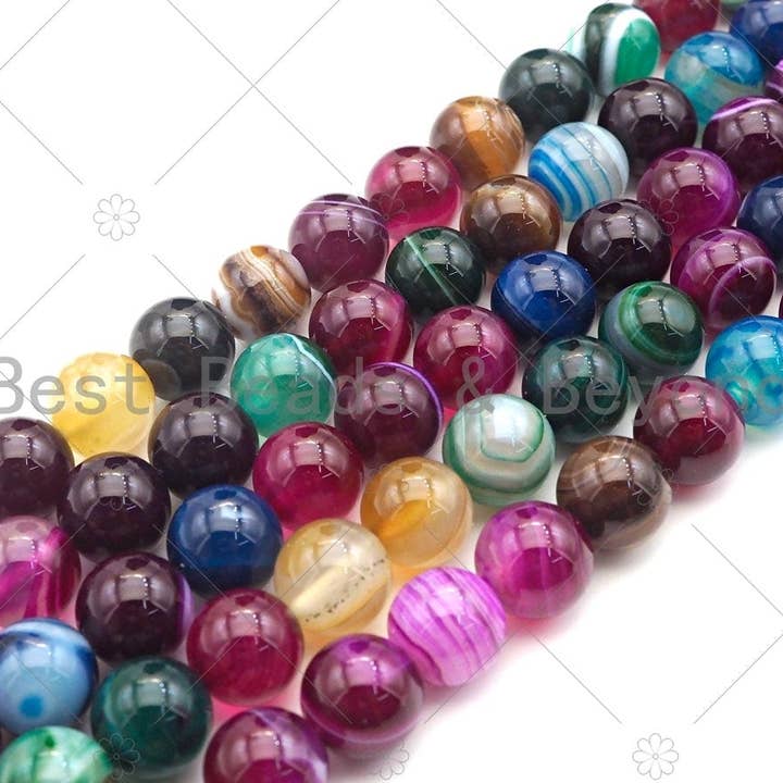 BestBeads&Beyond - Vente Perle - Perles d'agate à bandes colorées lisses de haute qualité, perles de pierres gemmes d'agate arc-en-ciel de 6 mm/8 mm/10 mm/12 mm, brin de 15,5 pouces, SKU #UA1521