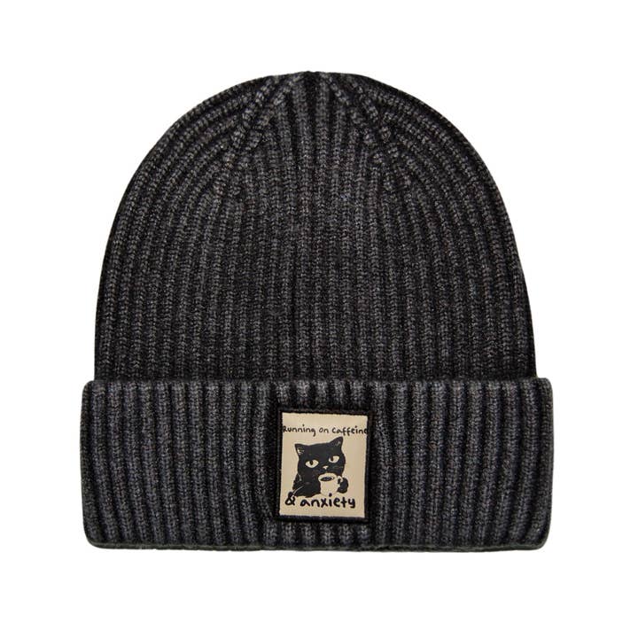 HATPHILE - Wholesale Beanie - Unisex - HatPhile "Running on Caffeine & Anxiety" Black Cat Vintage Beanie