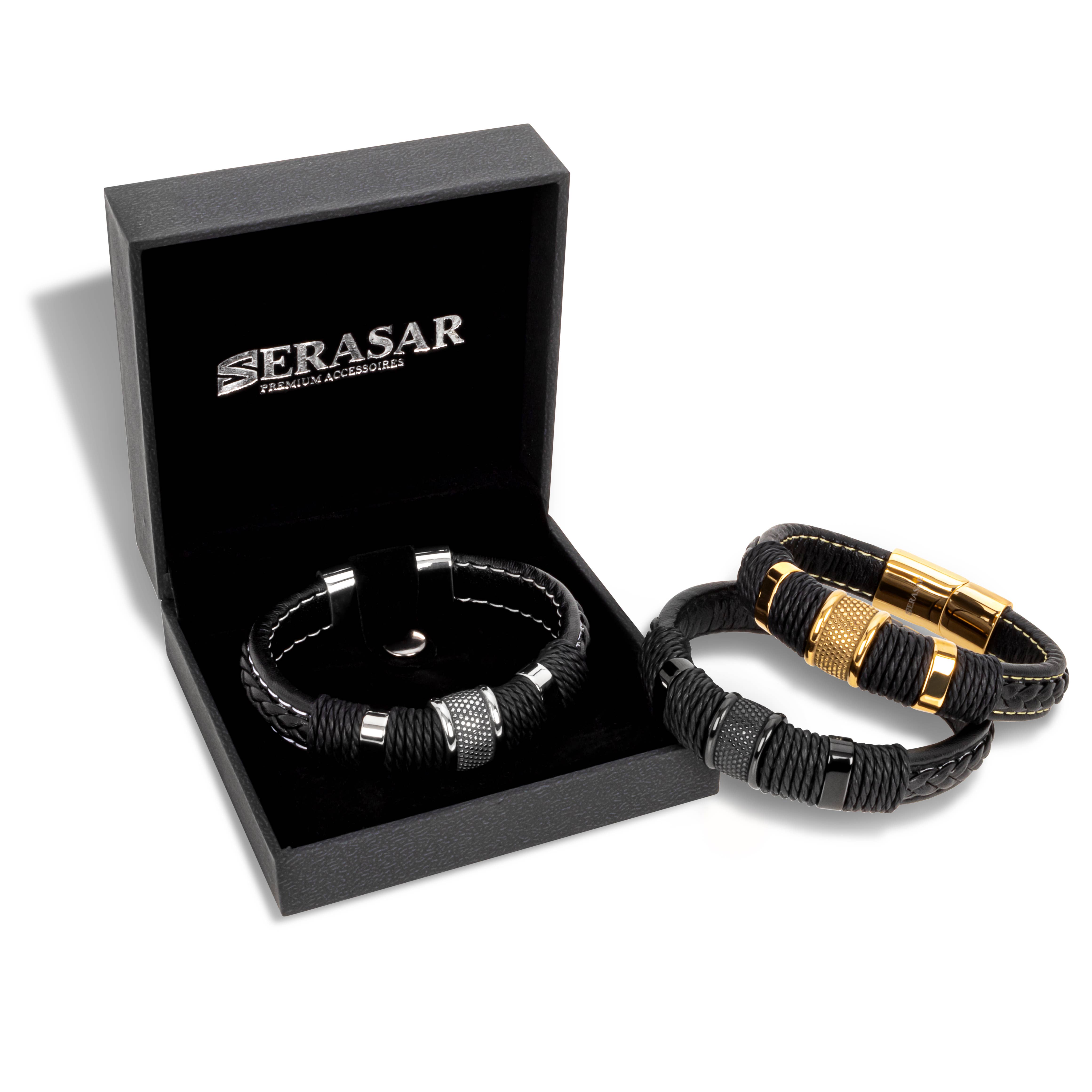 SERASAR - Vente Bracelet tissé/tressé - Bracelet en cuir « ring » noir - B0277