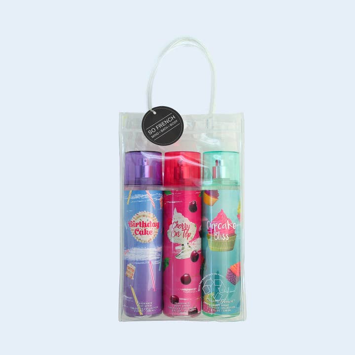 So French Perfumes - Wholesale Face & Body Mist/Water - The Dulce Collection 3-Piece Patisserie Body Spray Set