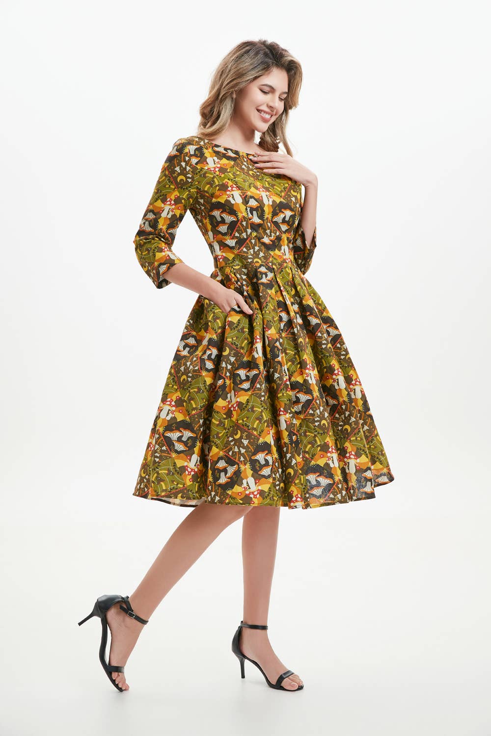 Olive Multi 257119 - Amaya - Linen 3/4 Sleeve Dress With Pockets for wholesale on Faire1