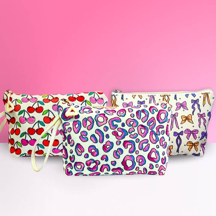 DIY Essentials Pouch Bundle of 3 - Leopard Print, Bows and Cherry - No Pens for wholesale by Life of Colour