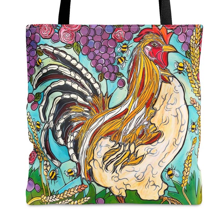 Sac fourre-tout coloré en forme de poulet. Sac fantaisiste et artistique pour la vente par Atelier Vero Wholesale