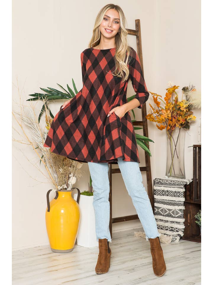 42POPS - Vente Haut en maille – femme - ...SI-21234 ROBE TUNIQUE À CARREAUX 3Q À MANCHES A-LINE AVEC POCHES LATÉRALES1