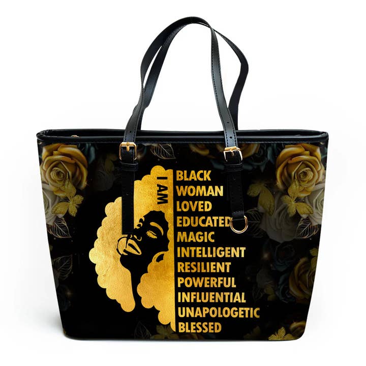 Bolso de tela con texto de patrón de mujer de oro negro para venta al por mayor de Tourtiwi