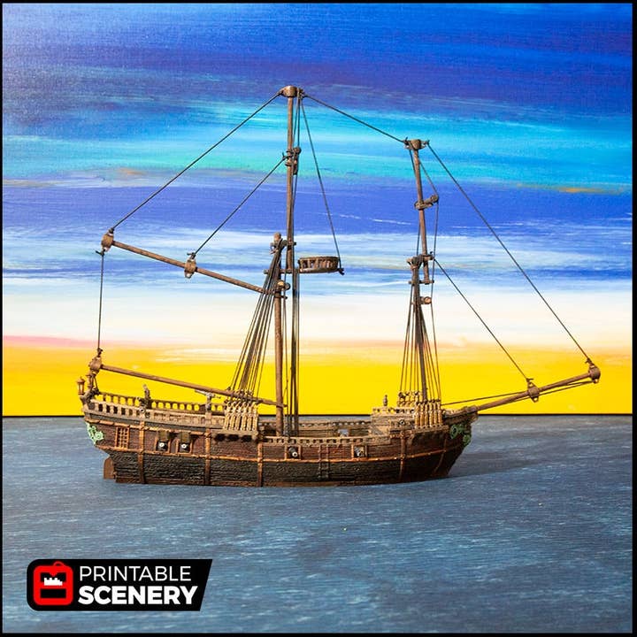 La Brigantine - Les Navires Perdus, DnD 5E, Pathfinder 2E 15mm, 28mm, 32mm, terrain de wargame, décors épars, D&D âge de la voile, pirate pour la vente par The Beaver and Broadsword