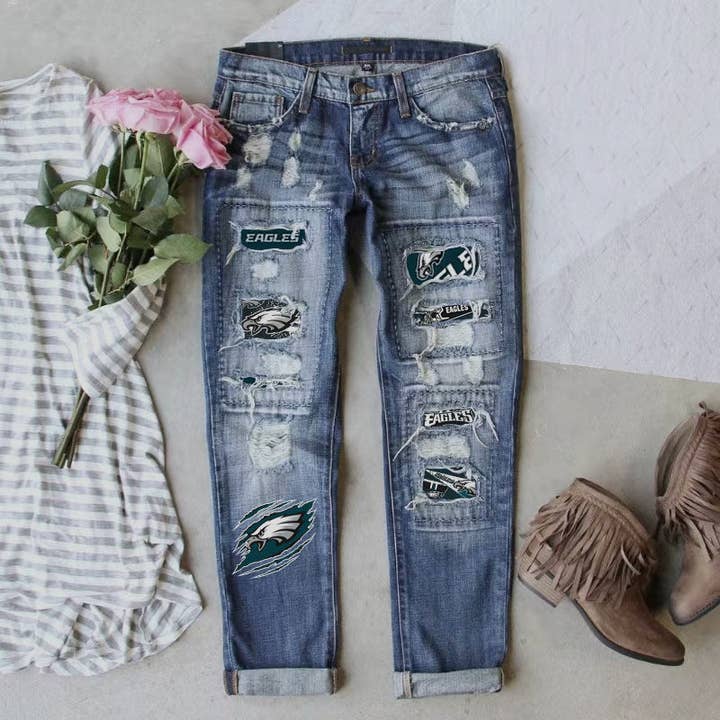 Blauw Dames Mid-rise Rechte Broek Gescheurde Game Day Jeans voor groothandel op Faire0