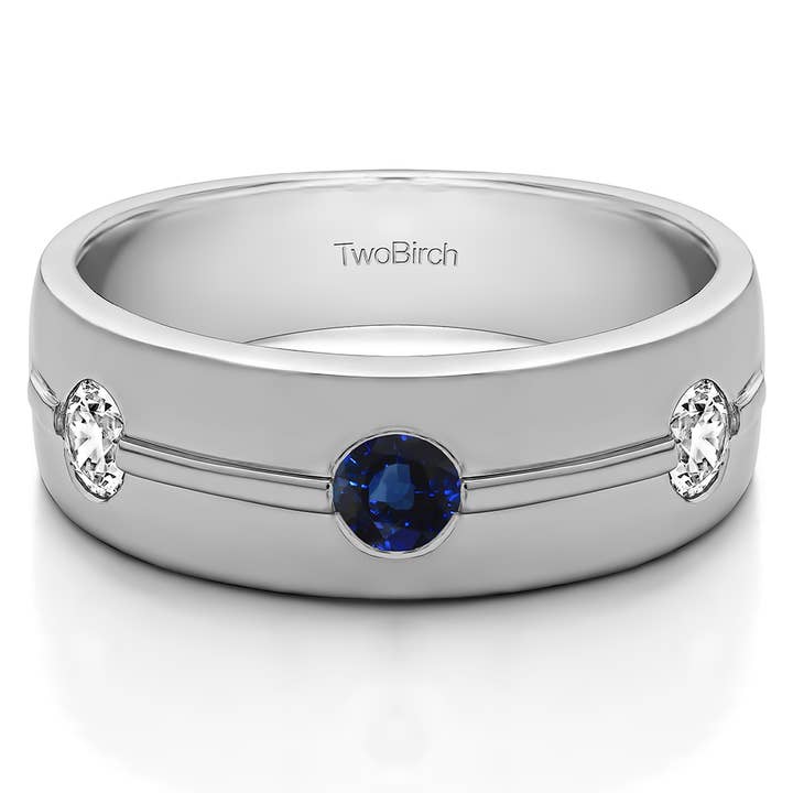 TwoBirch - Wholesale Jewelry - Men's - .5 CT Sapphire Diamond Burnished Men Ring Ribbed 925 Silver
