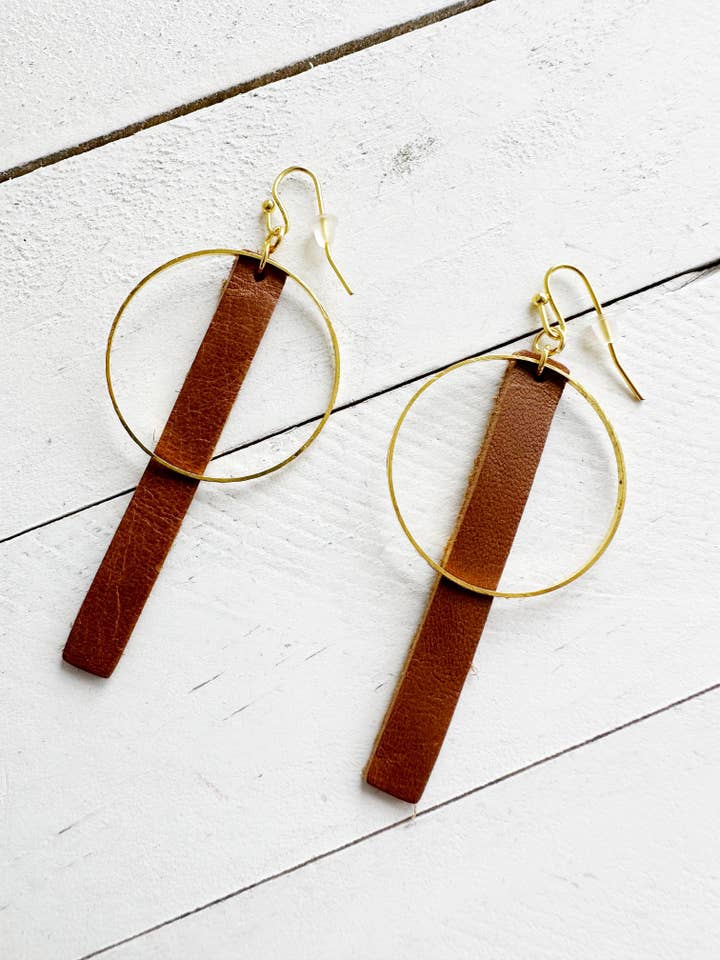 Brown & Gold - Leather Bar + Metal Circle Earrings for wholesale by Boho By Design