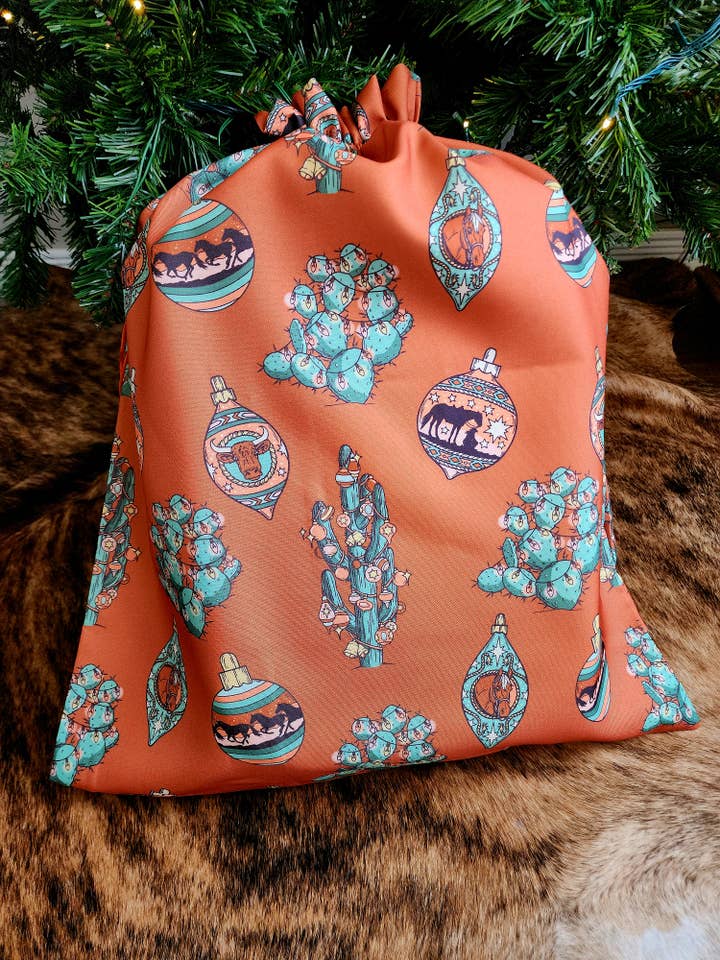 Western Christmas Reusable Gift Bags-Burnt Orange Ornaments for wholesale by Hot Shot Leather
