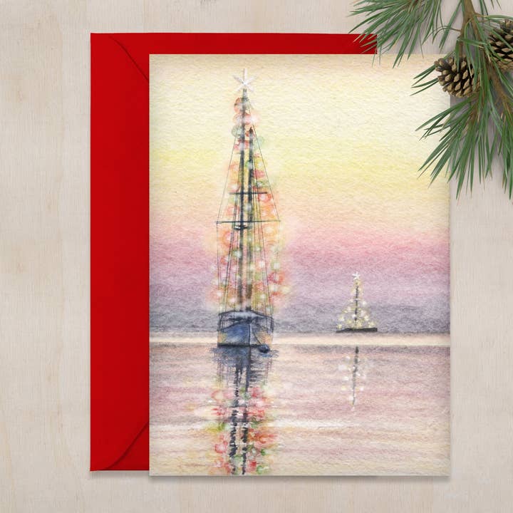 Christmas Sailing Carte de vœux de Noël 5 x 7 pour la vente par ALR Designs