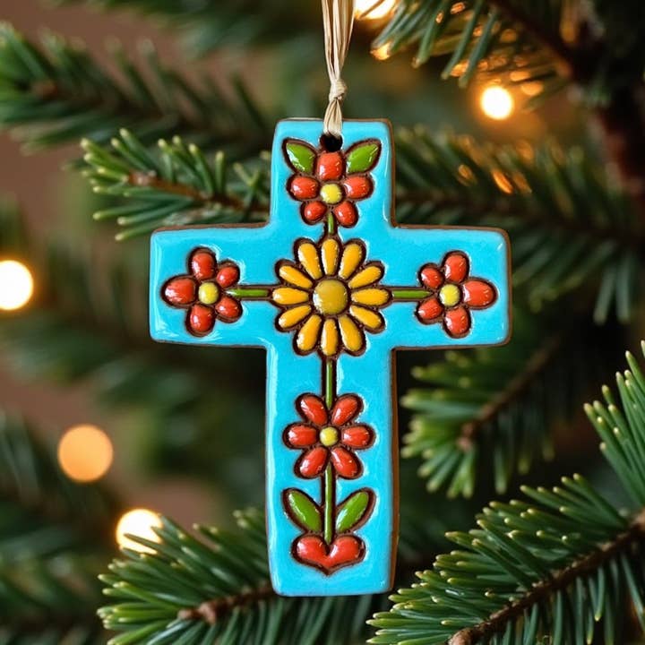 Playful Flowers Ceramic Cross Artisanally Crafted Ornament for wholesale by Little Clay Hen