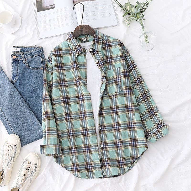 Rosa Clothing - Wholesale Button Down Shirt - Women's - Essential Basic Relaxed plaid cotton blend button-down shirt8