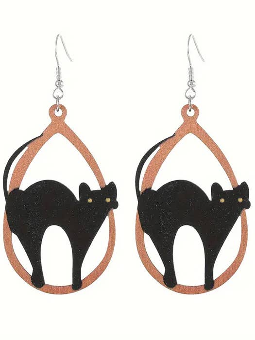 ( J030 ) HALLOWEEN THEME WOOD TEARDROP EARRING - CAT for wholesale by Jewelry Max